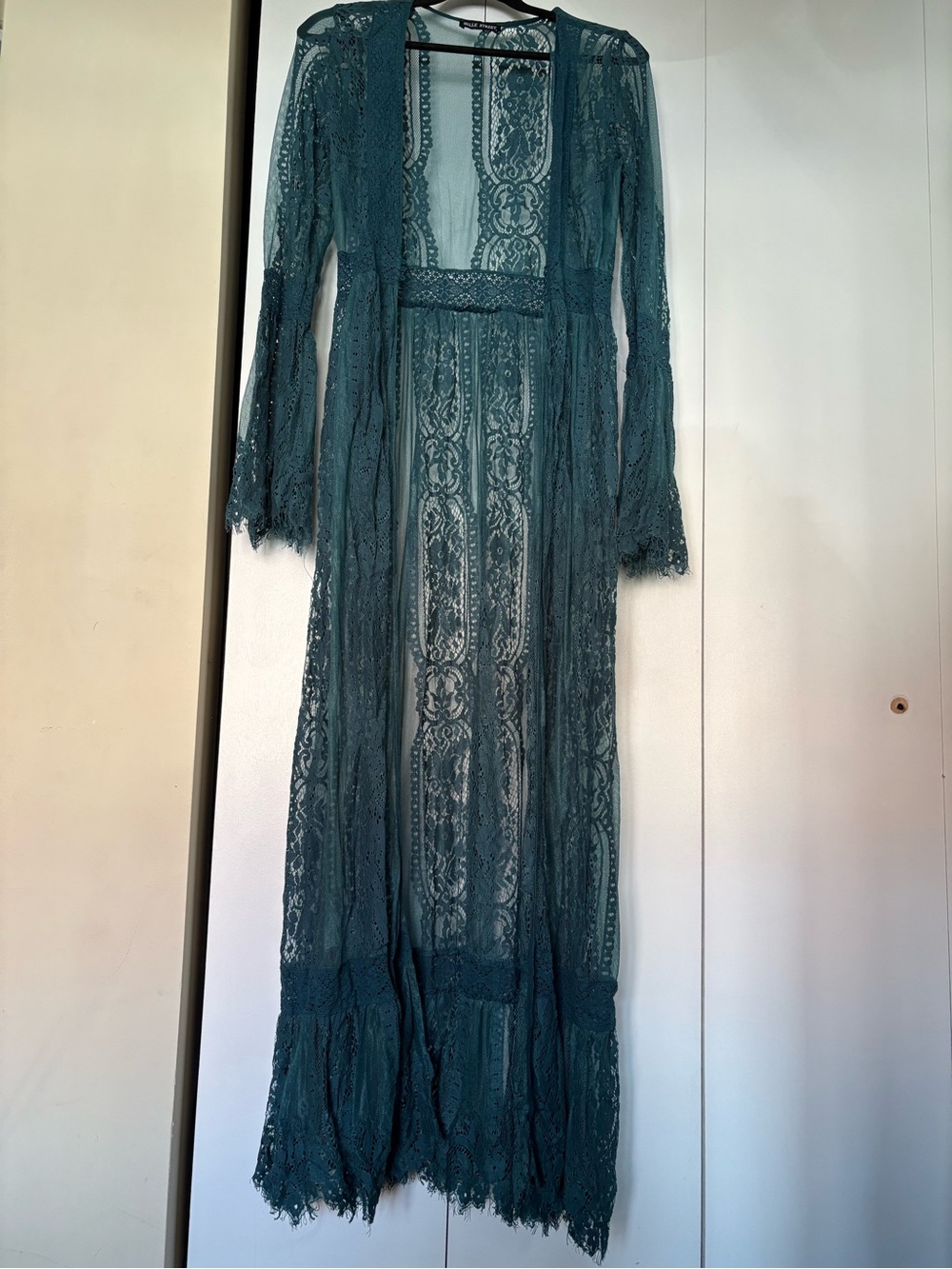 Long Teal Lace V-Neck Maxi Over-Dress with Sheer Details - Picture 2 of 5